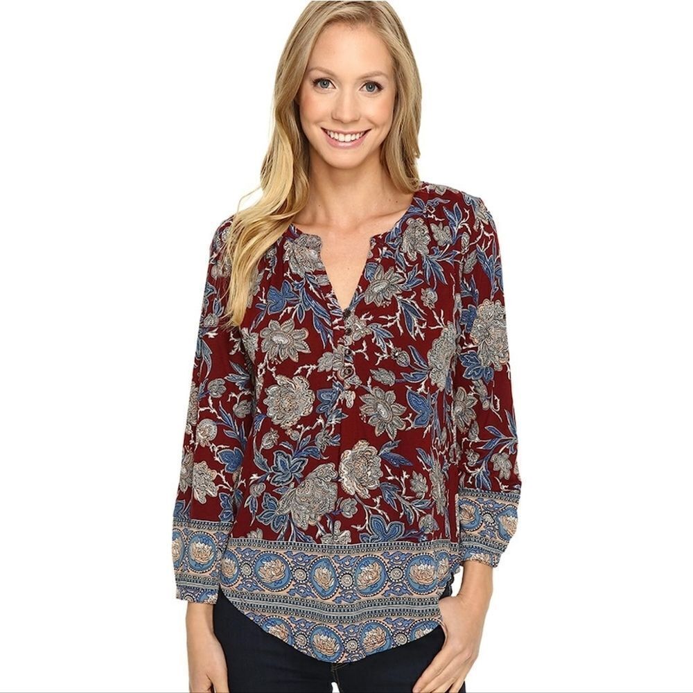 LUCKY‎ BRAND burgundy paisley flower border long sleeve peasant top S